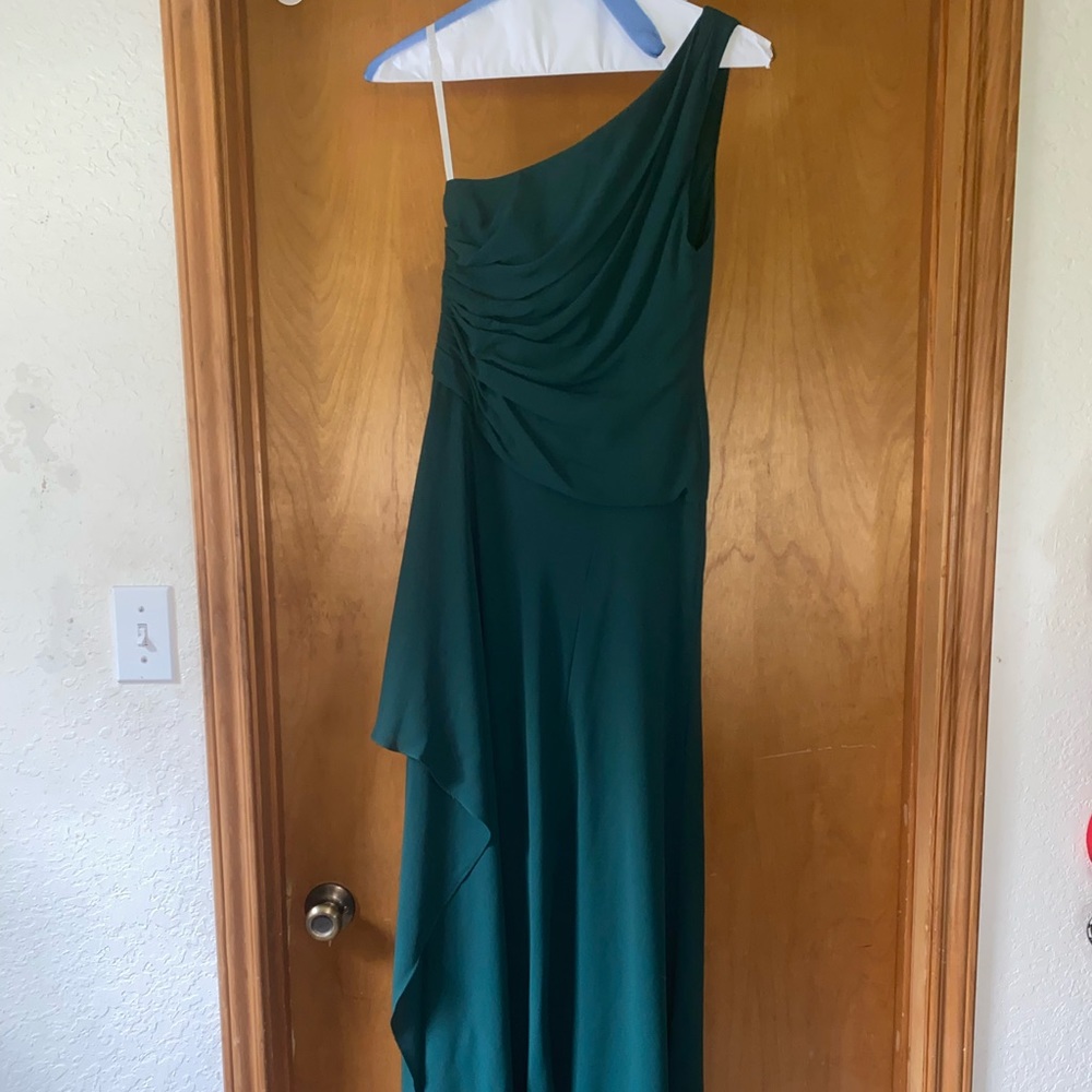 one-shoulder georgette cascade bridesmaid dress